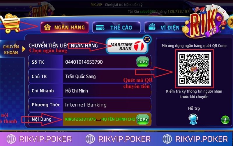 Nạp tiền Rikvip bằng phương thức chuyển khoản qua ngân hàng